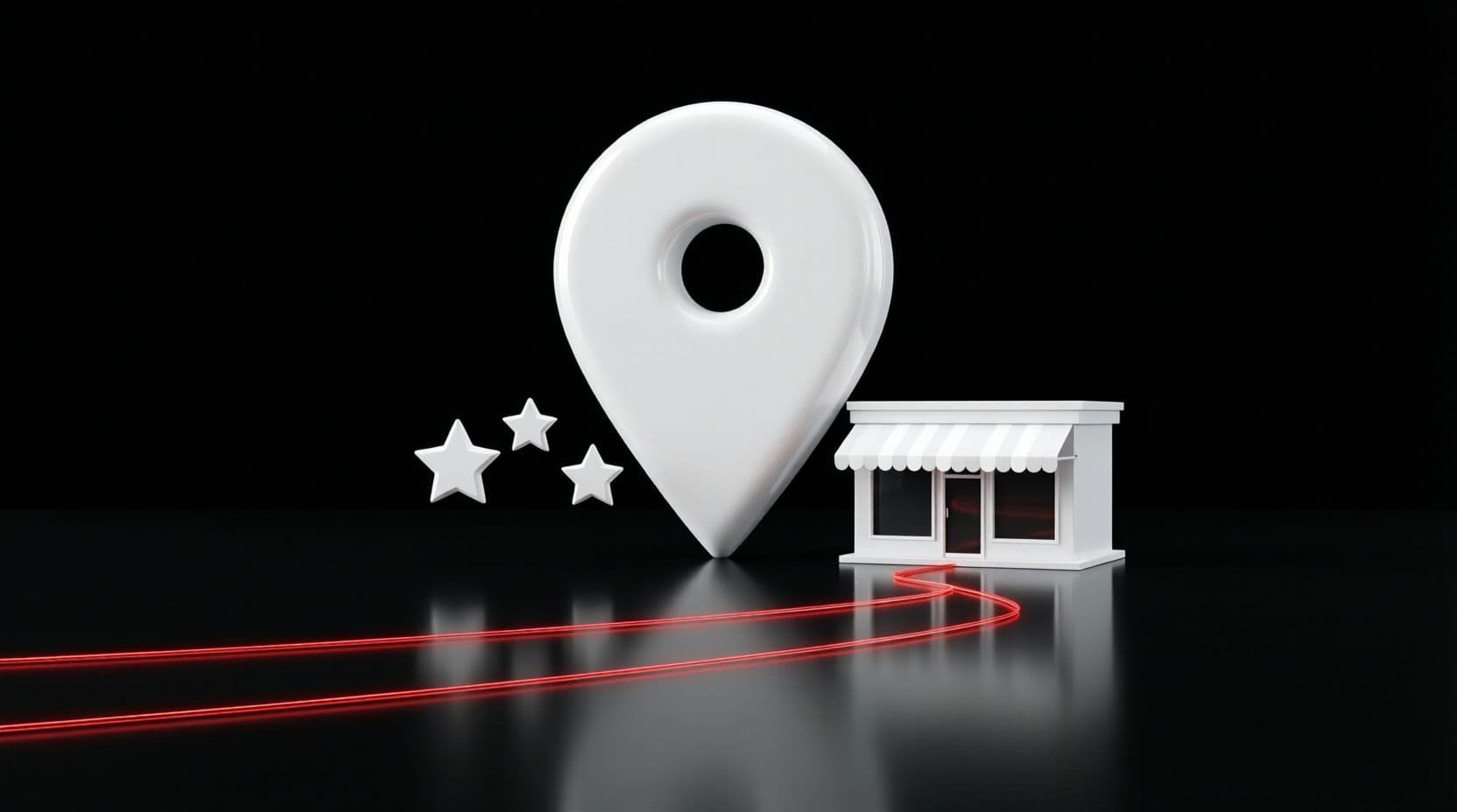 A large glossy white map pin beside a small white shop with a striped awning on a black floor, three small white stars floating to the left and a thin red line winding across the floor to the shop door.