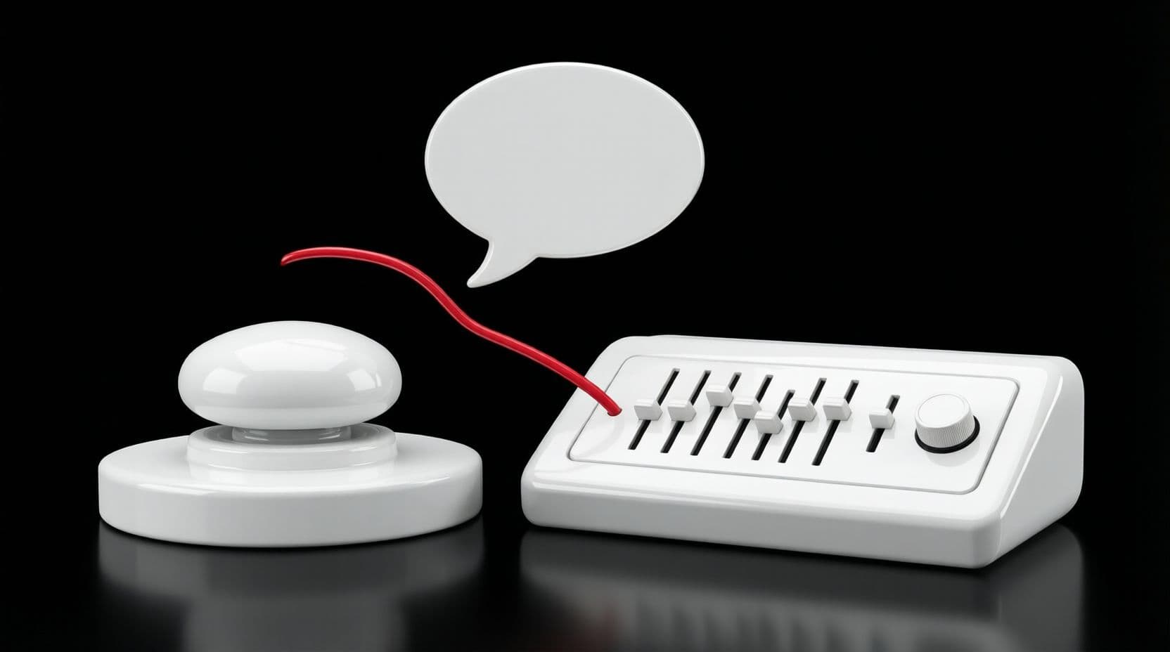 A single glossy white push button on the left and a white control panel of sliders and dials on the right, with a red line leaving the panel and curving into a white speech bubble, on a black background.