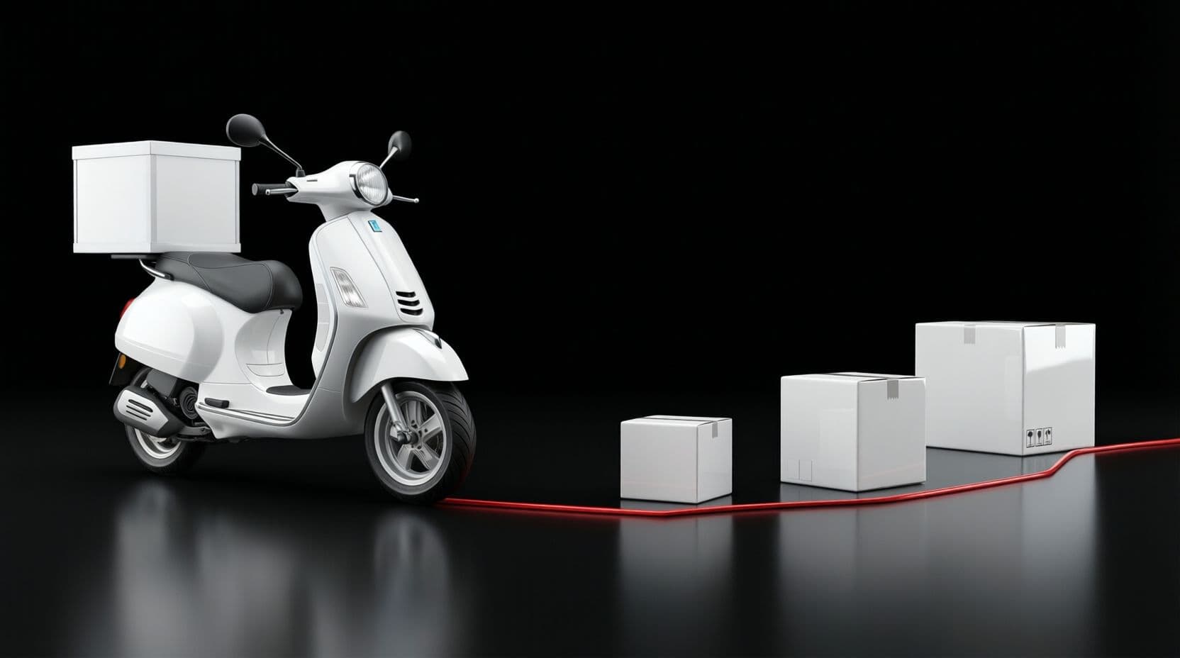 A glossy white delivery scooter with a white box on its rear rack on a black floor, with a single thin red route line winding from the scooter past three white parcels of different sizes.
