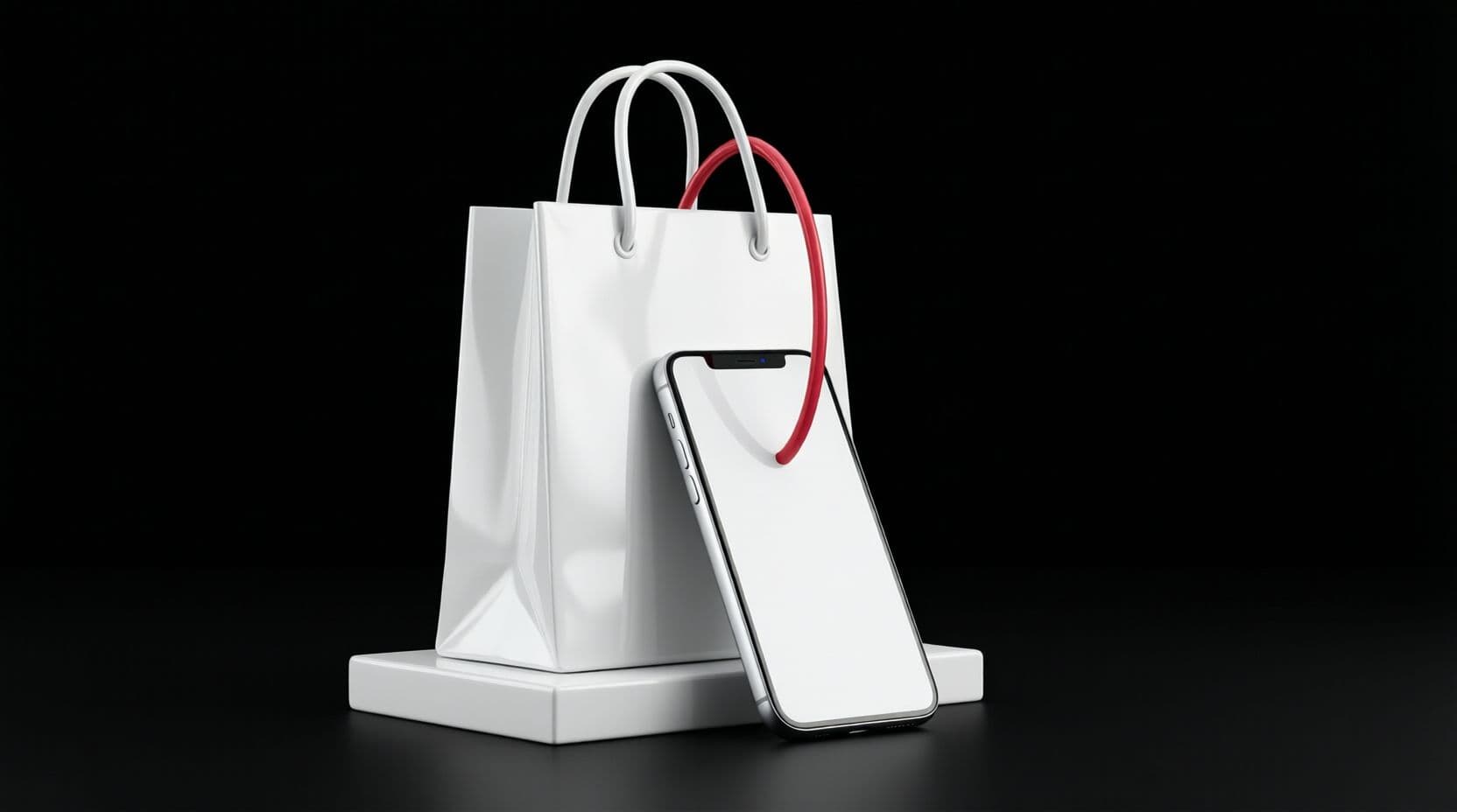 A glossy white sculptural shopping bag beside a white smartphone on a black background, joined by a single red line running from the phone into the bag.