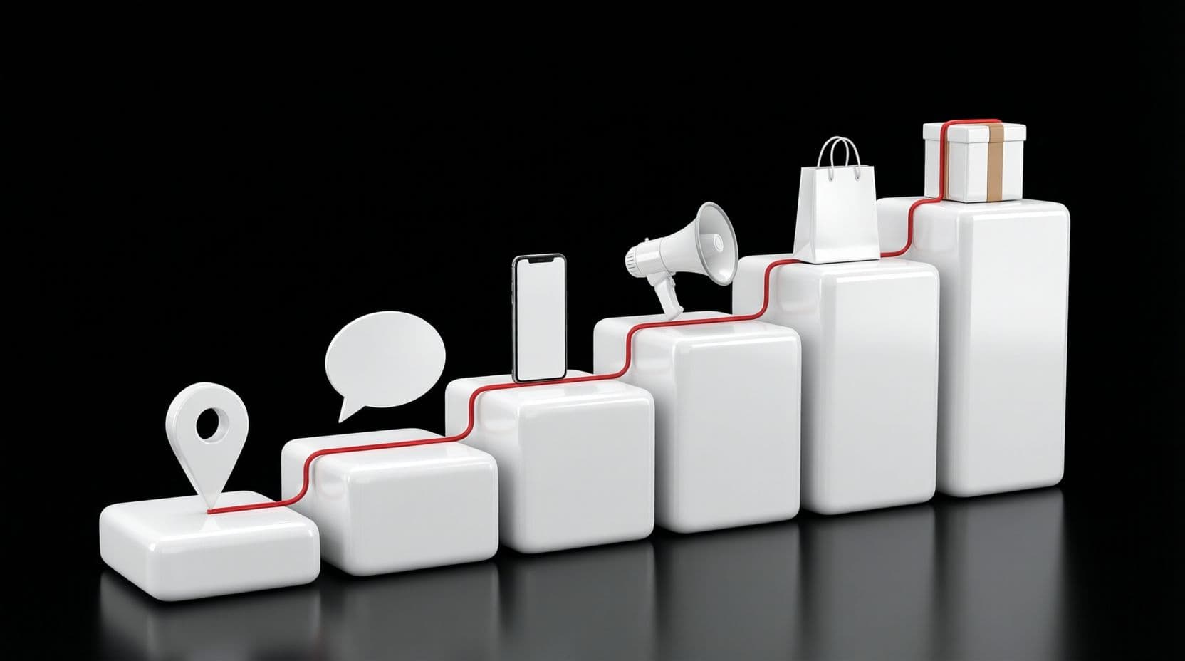Six glossy white blocks rising like a staircase on a black background, each holding a small white object: a map pin, a speech bubble, a smartphone, a megaphone, a shopping bag and a parcel, with a thin red line climbing the steps.