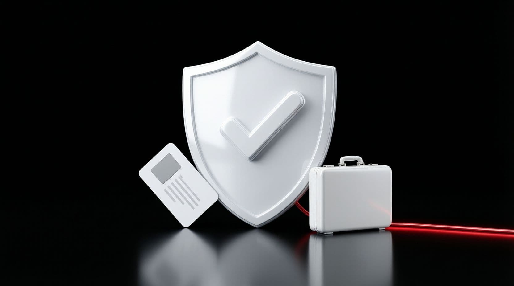 A large glossy white shield with a raised check mark on a black floor, a white identity card leaning against one side and a small white briefcase on the other, with a thin red line running out from the briefcase.