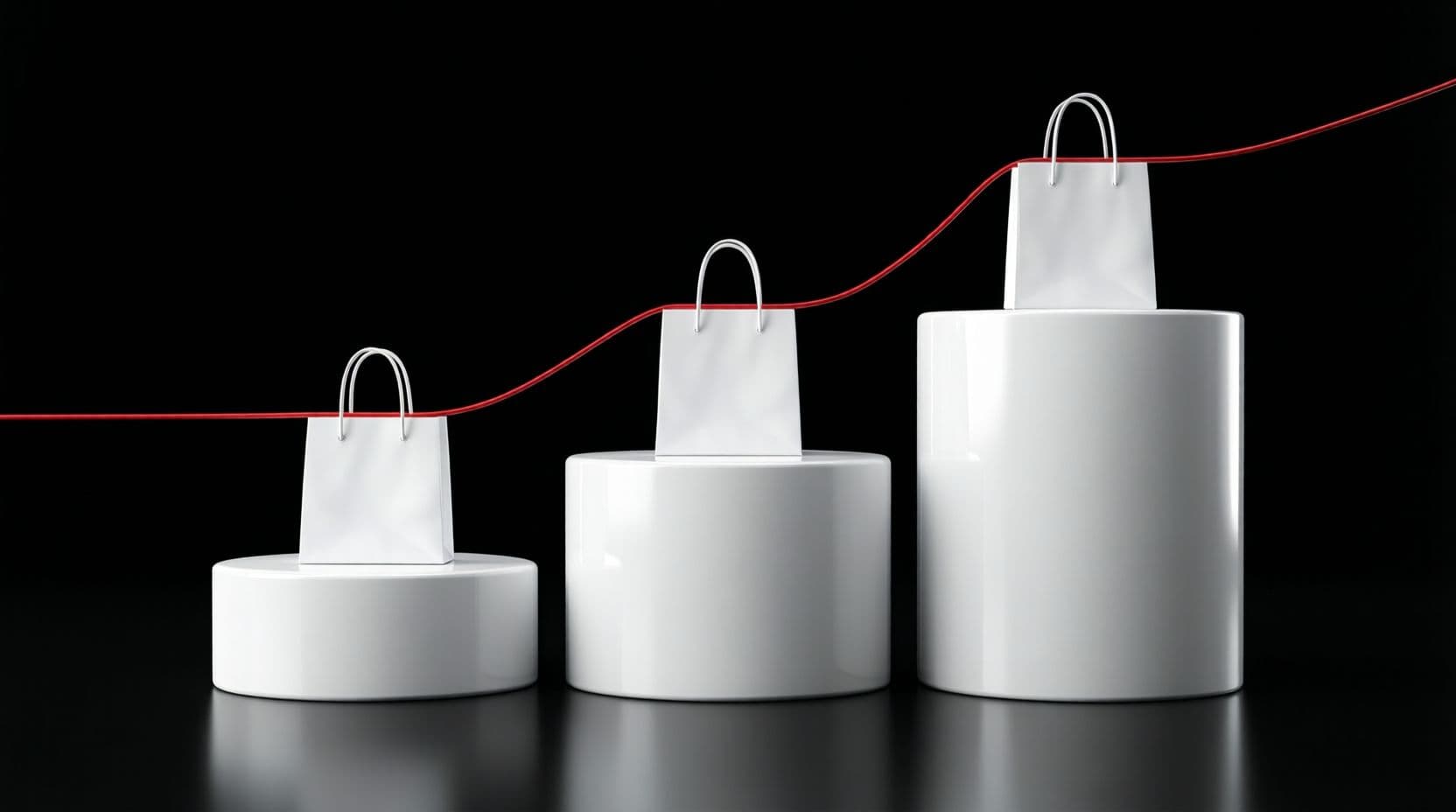Three glossy white plinths of rising height on a black background, each topped with a small white shopping bag, with a thin red line running across their tops like a measuring tape.