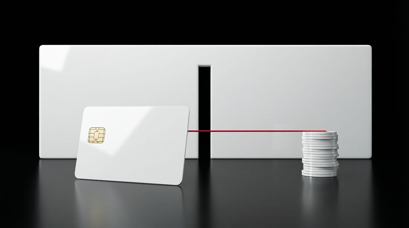 A glossy white bank card standing upright on a black floor in front of a low white wall with a narrow slot, a thin red line running from the card's chip through the slot to a small stack of white coins on the far side.