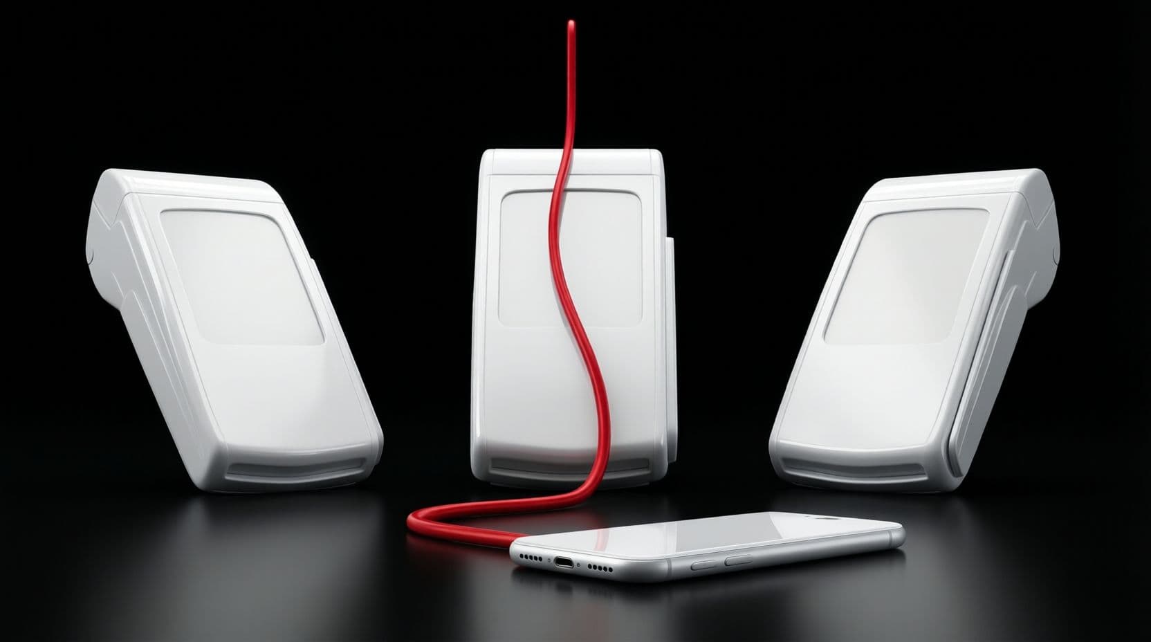 Three glossy white payment terminals standing side by side on a black surface, with a single red line running from the middle one to a white phone.