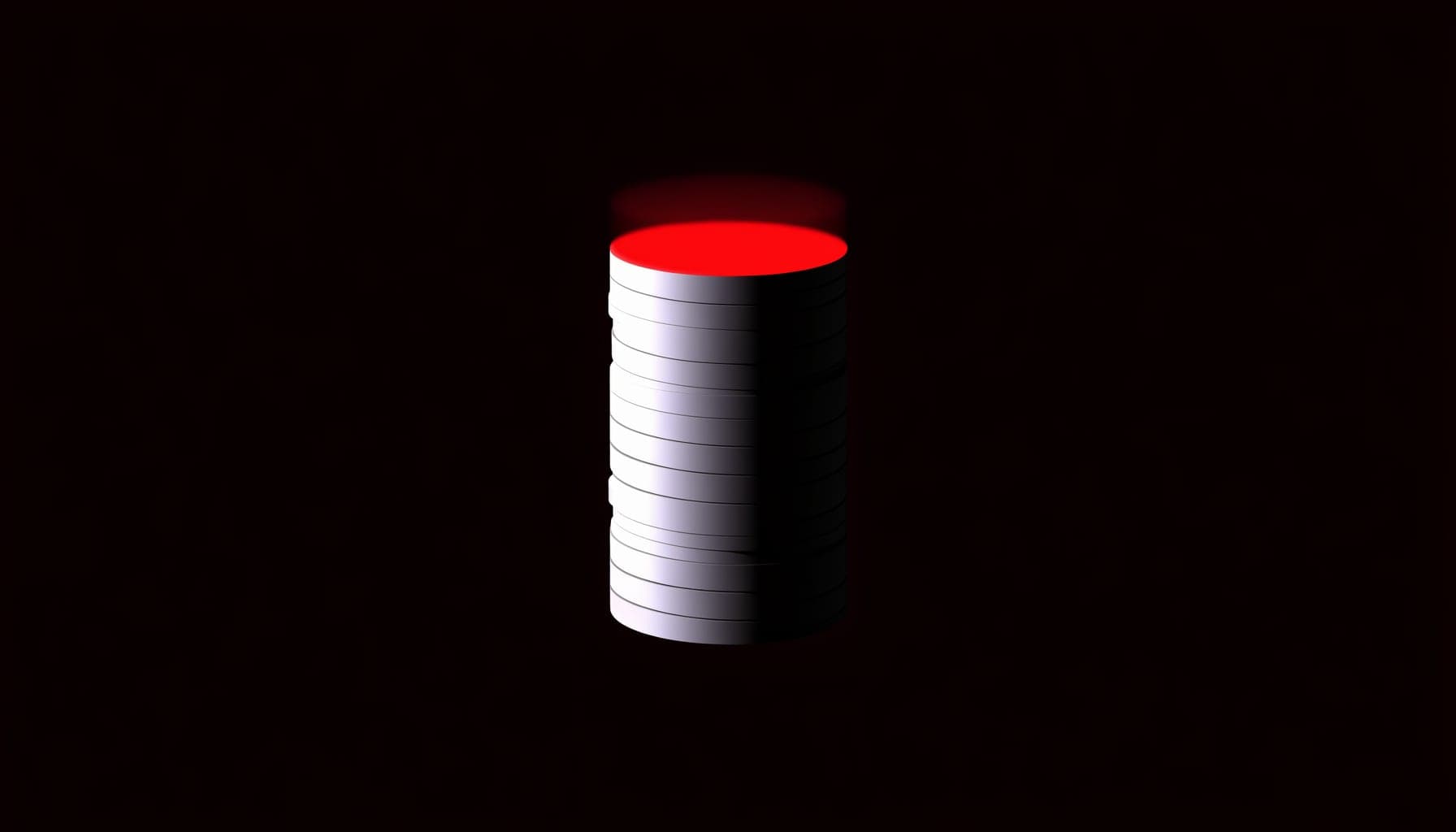 A tall stack of coins with only a thin top slice glowing red, symbolising the small real profit kept on ad spend.