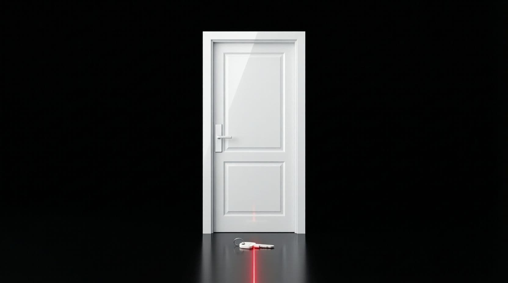 A single glossy white door standing closed in its frame on a black floor, with a small white key lying in front of it and a thin red line running from the key to the door.