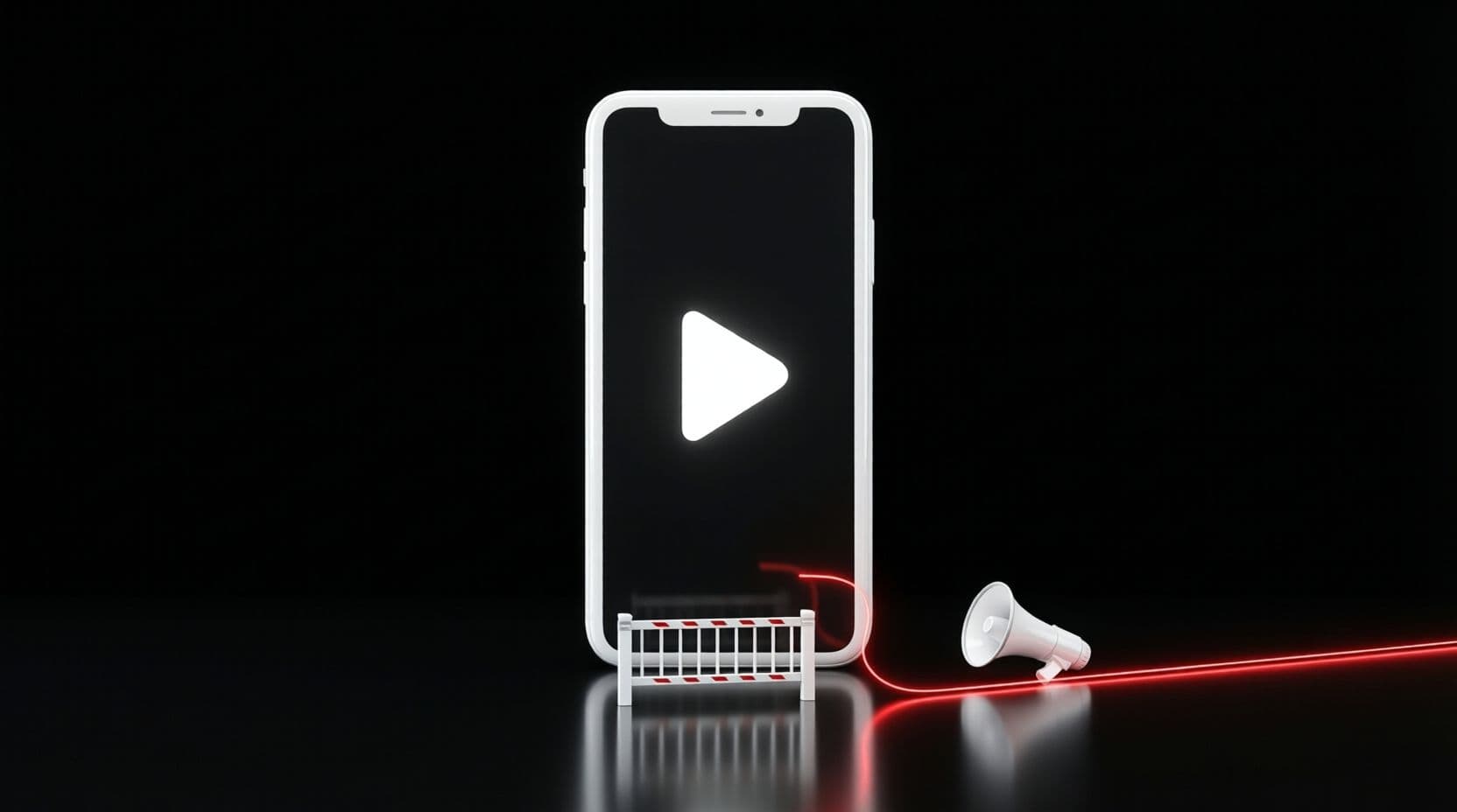 A white smartphone standing upright with a glowing white play button on its black screen, a small white barrier in front of it, and a thin red line that bends past the barrier to a small white megaphone.