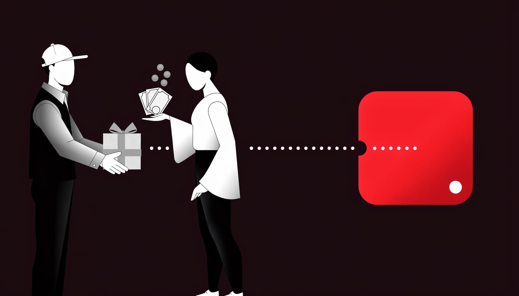 A courier handing over a parcel for cash, with a broken dotted data line failing to reach an analytics node, symbolising the cash-on-delivery attribution gap.
