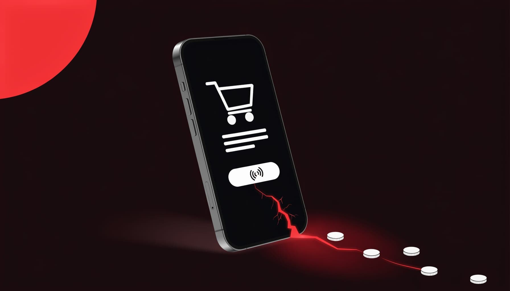 A smartphone checkout with a Mobile Money option and a glowing red crack draining light away, symbolising lost sales in the last mile.